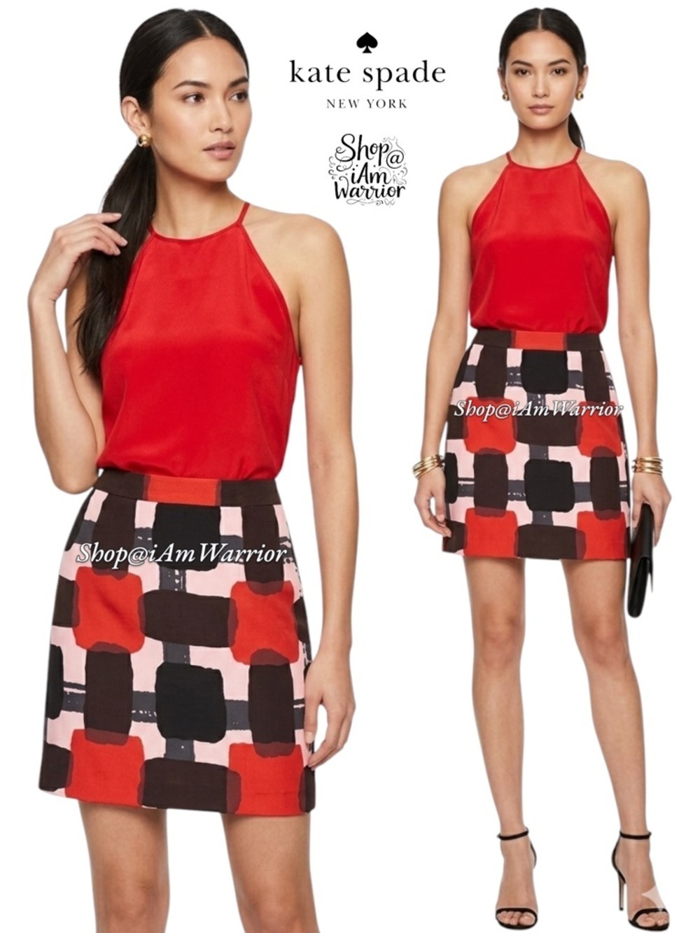 Kate Spade black & red abstract square silk blend skirt *Shop@iAmWarrior